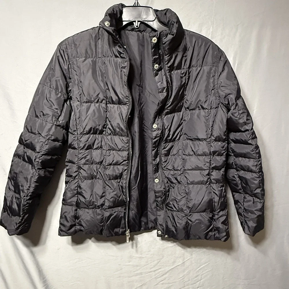 Land's End Down Filled Coat Women Large 14-16 Puffer Reversible Black Warm FLAW*